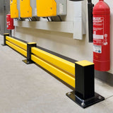 BLACK-BULL-FLEX-impact-protection-system-low-level-hybrid-steel-protection-bar-plastic-flexible-railing-system-shock-absorbant-high-visibility-black-yellow-hot-dip-galvanised-powder-coated-modular-indoor-outdoor-traffic-lanes-forklift-pedestrian-safety-industrial-factories-plant-machinery