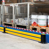 BLACK-BULL-FLEX-impact-protection-system-low-level-hybrid-steel-protection-bar-plastic-flexible-railing-system-shock-absorbant-high-visibility-black-yellow-hot-dip-galvanised-powder-coated-modular-indoor-outdoor-traffic-lanes-forklift-pedestrian-safety-industrial-factories-plant-machinery