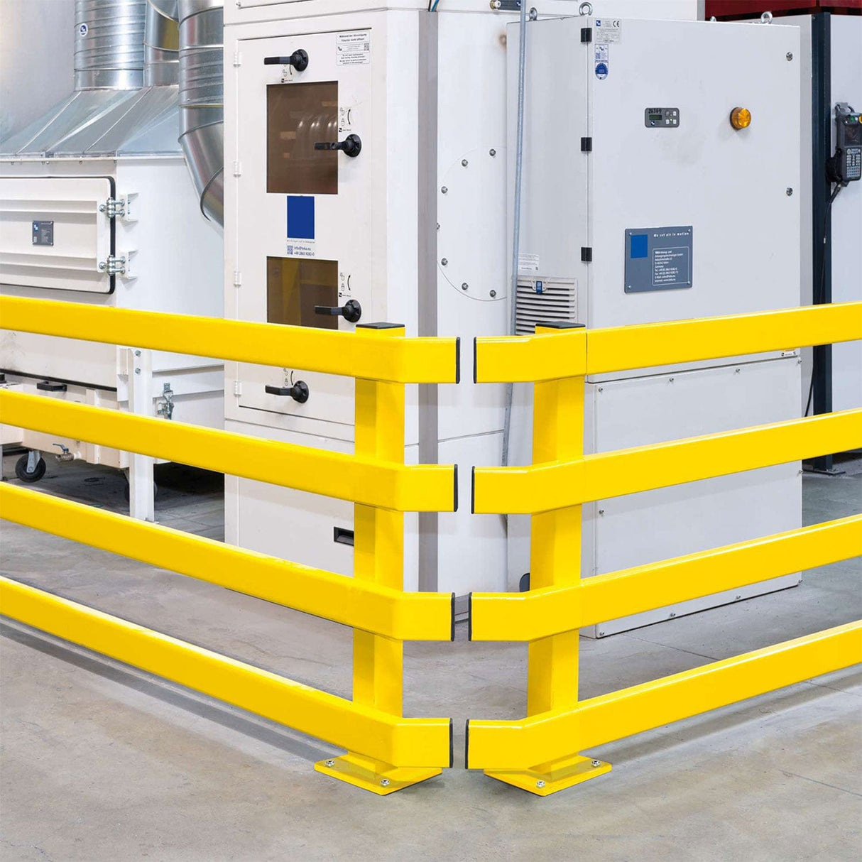 Black-bull-end-corner-section-45-degree-c-profile-impact-guard-upright-post-rails-indoor-outdoor-use-powder-coated-hot-dip-galvanised-yellow-high-visibility-steel-protection-safety-warehouse-industrial-barrier-beam-factories-parking-workplace-forklift-crash-bollard-commercial-depots-factories-hazard-modular