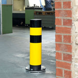 BLACK-BULL-FLEX-rotating-heavy-duty-top-grade-steel-bollard-galvanised-shock-absorbent-buffer-impact-resistent-powder-coated-yellow-black-industrial-durable-warehouses-factories-high-visibility-quality-surface-fix-bolt-down-concrete-in-ragged-shutter-protection