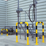 black-bull-steel-protection-guards-1200mm-yellow-black-hot-dip-galvanised-indoor-outdoor-powder-coated-industrial-warehouse-heavy-duty-metal-wall-corner-high-impact-safety-guards-bolt-down-surface-mount-high-visibility-durable-impact-protection-garages-forklift-commercial-retail-distribution