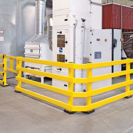 Black-bull-external-corner-rail-low-level-impact-guard-rails-indoor-outdoor-use-powder-coated-hot-dip-galvanised-yellow-high-visibility-steel-protection-safety-warehouse-industrial-barrier-beam-factories-parking-workplace-forklift-crash-bollard-commercial-depots-factories-hazard