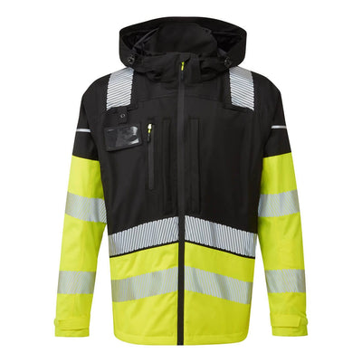 Portwest BX323 hi-vis rain jacket in Yellow/Black, front view showing reflective bands, chest pockets and adjustable hood