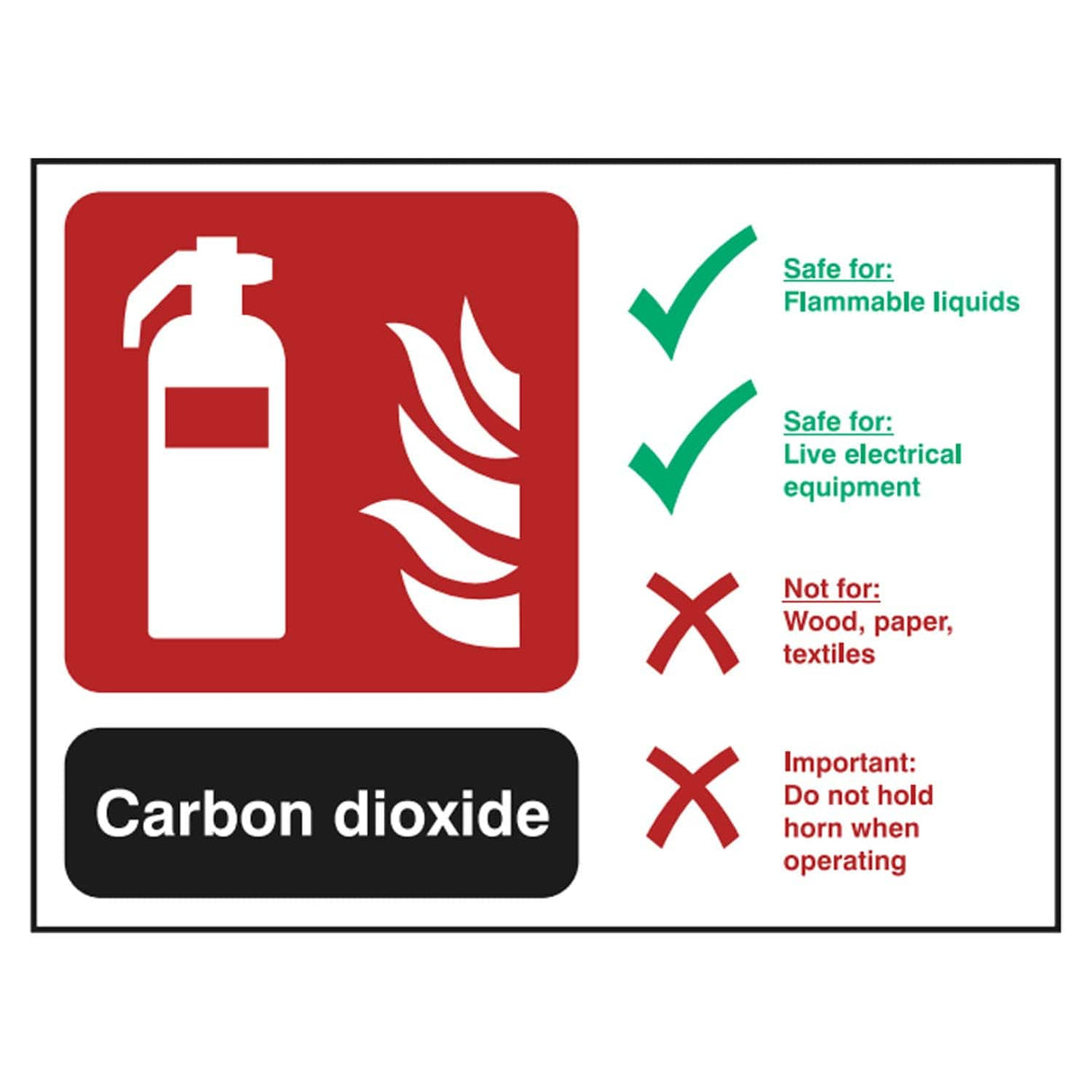 carbon-dioxide-extinguisher-sign-emergency-exit-fire-extinguisher-signage-evacuation-escape-hazard-identify-locate-instruct-alarm-prevention-assembly-regulations-compliance-gear-self-adhesive-rigid-PVC-foam-high-impact-polystyrene-photoluminescent-polycarbonate