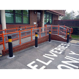 DDA100-DDA-compliant-plastic-bollards-BS83002001-retail-parks-accessible-disability-friendly-visually-impaired-traffic-bollard-durable-high-visibility-contrasting-reflective-colour-sleeve-galvanised-steel-car-parks-shopping-centres-MDPE-recyclable