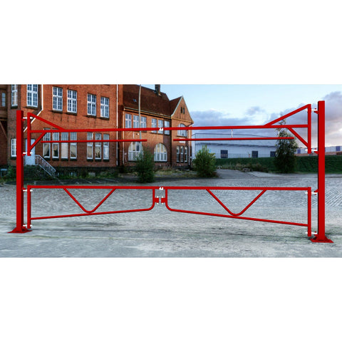 double-swing-height-restrictors-with-lower-gate-for-two-lanes-restriction-overhead-low-clearance-vehicle-gates-access-control-toll-booths-car-parks-enforcement-HGV-warning-industrial-commercial-sites-warehouses-theme-parks-residential-shopping-centres-stadium-parking