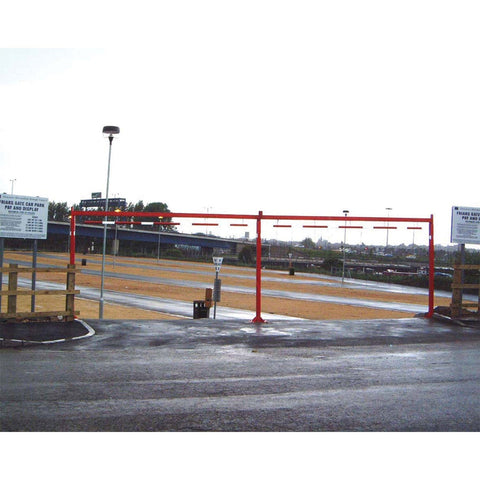 double-fixed-height-restrictor-for-two-lanes-restriction-overhead-low-clearance-vehicle-gates-access-control-toll-booths-car-parks-enforcement-HGV-warning-industrial-commercial-sites-warehouses-theme-parks-residential-shopping-centres-stadium-parking