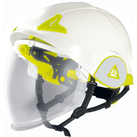 Deplta-plus-onyx-safety-helmet-retractable-visor-protective-headgear-equipment-industrial-workplace-PPE-occupational-hazard-caution-certified-adjustsble-comfortable-replaceable-face-head-shield-protection-heavy-duty-site-reflective-yellow-white-neck-support-strap