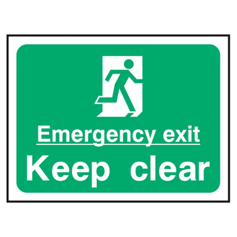 emergency-exit-keep-clear-fire-safety-extinguisher-signage-evacuation-escape-hazard-identify-locate-instruct-alarm-prevention-assembly-regulations-compliance-gear-self-adhesive-rigid-PVC-foam-high-impact-polystyrene-photoluminescent-polycarbonate