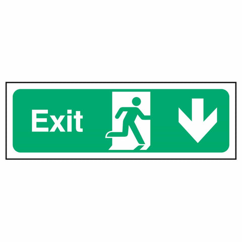 exit-sign-down-arrow-emergency-fire-extinguisher-signage-evacuation-escape-hazard-identify-locate-instruct-alarm-prevention-assembly-regulations-compliance-gear-self-adhesive-rigid-PVC-foam-high-impact-polystyrene-photoluminescent-polycarbonate