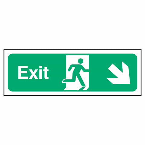 nhs-estate-fire-exit-down-right-arrow-safety-extinguisher-signage-evacuation-escape-hazard-identify-locate-instruct-alarm-prevention-regulations-compliance-gear-self-adhesive-rigid-PVC-foam-high-impact-polystyrene-photoluminescent-polycarbonate