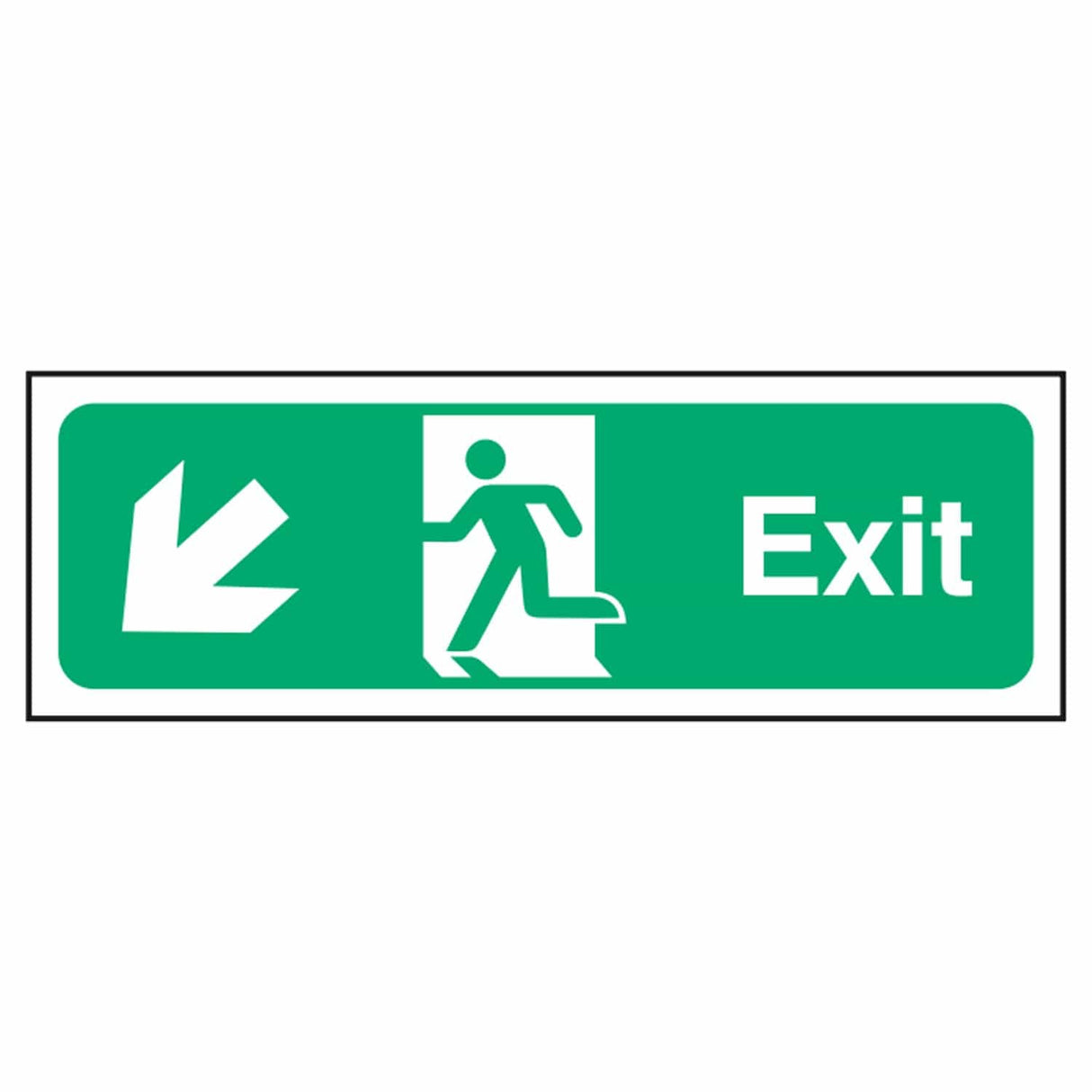 nhs-estate-fire-exit-down-left-arrow-safety-extinguisher-signage-evacuation-escape-hazard-identify-locate-instruct-alarm-prevention-regulations-compliance-gear-self-adhesive-rigid-PVC-foam-high-impact-polystyrene-photoluminescent-polycarbonate