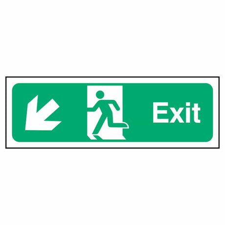 nhs-estate-fire-exit-down-left-arrow-safety-extinguisher-signage-evacuation-escape-hazard-identify-locate-instruct-alarm-prevention-regulations-compliance-gear-self-adhesive-rigid-PVC-foam-high-impact-polystyrene-photoluminescent-polycarbonate