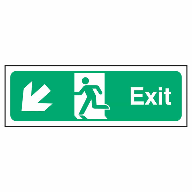 nhs-estate-fire-exit-down-left-arrow-safety-extinguisher-signage-evacuation-escape-hazard-identify-locate-instruct-alarm-prevention-regulations-compliance-gear-self-adhesive-rigid-PVC-foam-high-impact-polystyrene-photoluminescent-polycarbonate