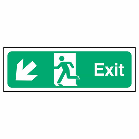 exit-sign-down-left-arrow-emergency-fire-extinguisher-signage-evacuation-escape-hazard-identify-locate-instruct-alarm-prevention-assembly-regulations-compliance-gear-self-adhesive-rigid-PVC-foam-high-impact-polystyrene-photoluminescent-polycarbonate