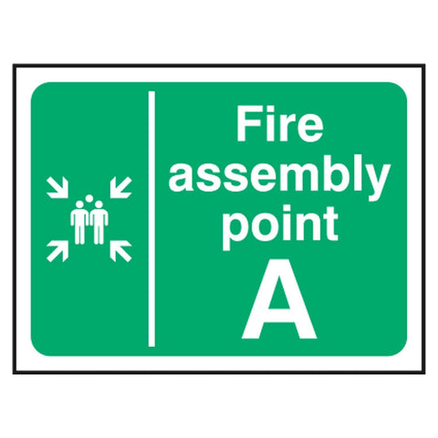 fire-assembly-point-A-safety-extinguisher-signage-evacuation-escape-hazard-identify-locate-instruct-alarm-prevention-assembly-regulations-compliance-gear-self-adhesive-rigid-PVC-foam-high-impact-polystyrene-photoluminescent-polycarbonate