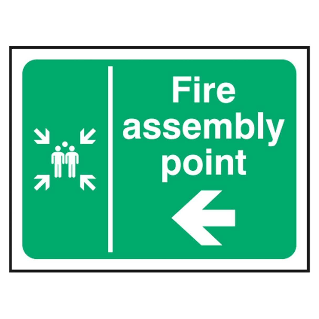 fire-assembly-point-left-arrow-safety-extinguisher-signage-evacuation-escape-hazard-identify-locate-instruct-alarm-prevention-regulations-compliance-gear-self-adhesive-rigid-PVC-foam-high-impact-polystyrene-photoluminescent-polycarbonate