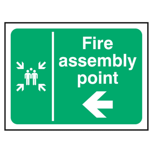 fire-assembly-point-left-arrow-safety-extinguisher-signage-evacuation-escape-hazard-identify-locate-instruct-alarm-prevention-regulations-compliance-gear-self-adhesive-rigid-PVC-foam-high-impact-polystyrene-photoluminescent-polycarbonate