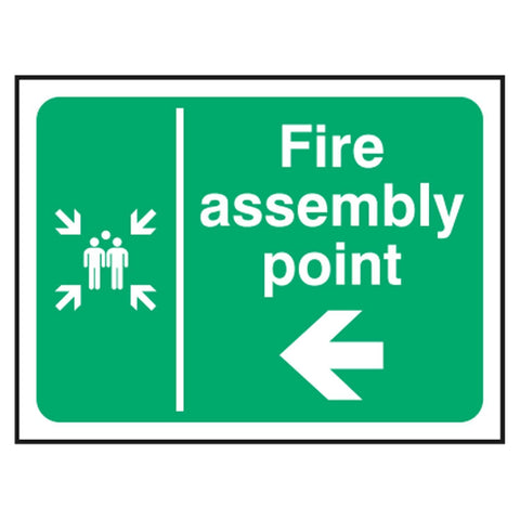 fire-assembly-point-left-arrow-safety-extinguisher-signage-evacuation-escape-hazard-identify-locate-instruct-alarm-prevention-regulations-compliance-gear-self-adhesive-rigid-PVC-foam-high-impact-polystyrene-photoluminescent-polycarbonate