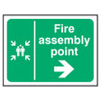 fire-assembly-point-right-arrow-safety-extinguisher-signage-evacuation-escape-hazard-identify-locate-instruct-alarm-prevention-regulations-compliance-gear-self-adhesive-rigid-PVC-foam-high-impact-polystyrene-photoluminescent-polycarbonate