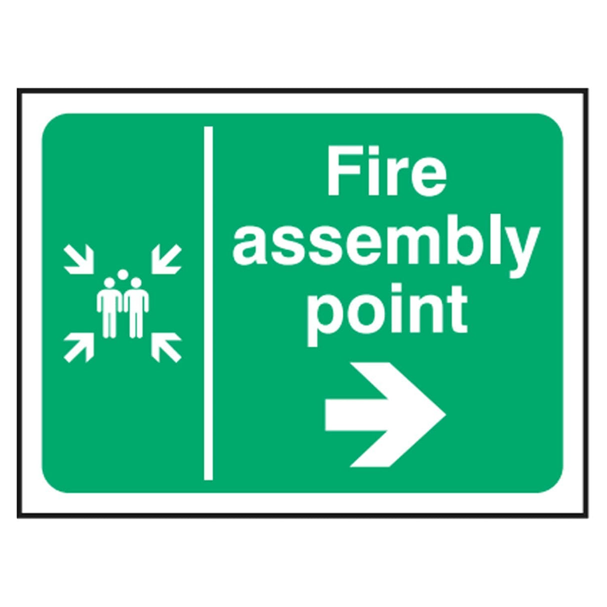 fire-assembly-point-right-arrow-safety-extinguisher-signage-evacuation-escape-hazard-identify-locate-instruct-alarm-prevention-regulations-compliance-gear-self-adhesive-rigid-PVC-foam-high-impact-polystyrene-photoluminescent-polycarbonate