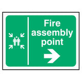 fire-assembly-point-right-arrow-safety-extinguisher-signage-evacuation-escape-hazard-identify-locate-instruct-alarm-prevention-regulations-compliance-gear-self-adhesive-rigid-PVC-foam-high-impact-polystyrene-photoluminescent-polycarbonate