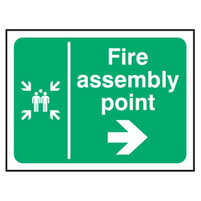 fire-assembly-point-right-arrow-safety-extinguisher-signage-evacuation-escape-hazard-identify-locate-instruct-alarm-prevention-regulations-compliance-gear-self-adhesive-rigid-PVC-foam-high-impact-polystyrene-photoluminescent-polycarbonate