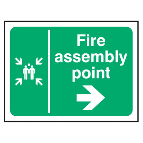 fire-assembly-point-right-arrow-safety-extinguisher-signage-evacuation-escape-hazard-identify-locate-instruct-alarm-prevention-regulations-compliance-gear-self-adhesive-rigid-PVC-foam-high-impact-polystyrene-photoluminescent-polycarbonate