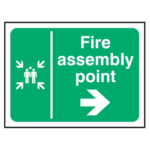 fire-assembly-point-right-arrow-safety-extinguisher-signage-evacuation-escape-hazard-identify-locate-instruct-alarm-prevention-regulations-compliance-gear-self-adhesive-rigid-PVC-foam-high-impact-polystyrene-photoluminescent-polycarbonate