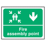 fire-assembly-point-down-arrow-safety-extinguisher-signage-evacuation-escape-hazard-identify-locate-instruct-alarm-prevention-regulations-compliance-gear-self-adhesive-rigid-PVC-foam-high-impact-polystyrene-photoluminescent-polycarbonate