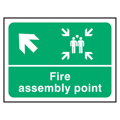 fire-assembly-point-up-left-arrow-safety-extinguisher-signage-evacuation-escape-hazard-identify-locate-instruct-alarm-prevention-regulations-compliance-gear-self-adhesive-rigid-PVC-foam-high-impact-polystyrene-photoluminescent-polycarbonate