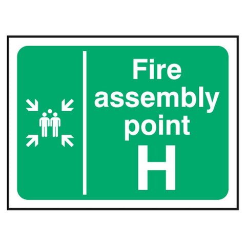 fire-assembly-point-H-safety-extinguisher-signage-evacuation-escape-hazard-identify-locate-instruct-alarm-prevention-assembly-regulations-compliance-gear-self-adhesive-rigid-PVC-foam-high-impact-polystyrene-photoluminescent-polycarbonate