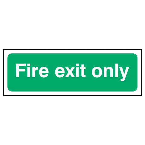 fire-exit-only-fire-safety-extinguisher-signage-evacuation-escape-hazard-identify-locate-instruct-alarm-prevention-assembly-regulations-compliance-gear-self-adhesive-rigid-PVC-foam-high-impact-polystyrene-photoluminescent-polycarbonate