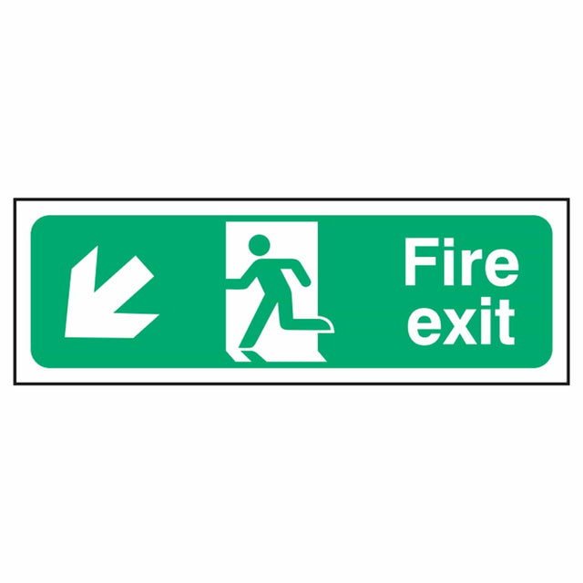 fire-exit-sign-down-left-arrow-emergency-fire-extinguisher-signage-evacuation-escape-hazard-identify-locate-instruct-alarm-prevention-assembly-regulations-compliance-gear-self-adhesive-rigid-PVC-foam-high-impact-polystyrene-photoluminescent-polycarbonate