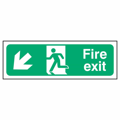 nhs-estate-exit-down-left-arrow-safety-extinguisher-signage-fire-evacuation-escape-hazard-identify-locate-instruct-alarm-prevention-regulations-compliance-gear-self-adhesive-rigid-PVC-foam-high-impact-polystyrene-photoluminescent-polycarbonate