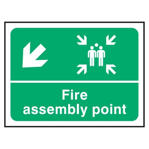 fire-assembly-point-down-left-arrow-safety-extinguisher-signage-evacuation-escape-hazard-identify-locate-instruct-alarm-prevention-regulations-compliance-gear-self-adhesive-rigid-PVC-foam-high-impact-polystyrene-photoluminescent-polycarbonate