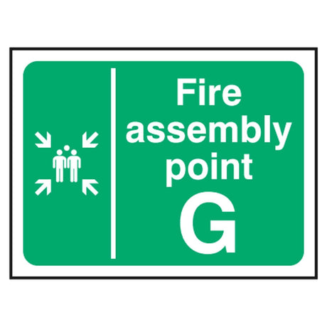fire-assembly-point-G-safety-extinguisher-signage-evacuation-escape-hazard-identify-locate-instruct-alarm-prevention-assembly-regulations-compliance-gear-self-adhesive-rigid-PVC-foam-high-impact-polystyrene-photoluminescent-polycarbonate