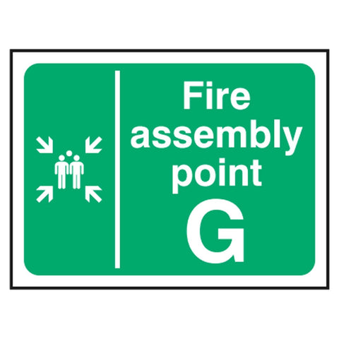 fire-assembly-point-G-safety-extinguisher-signage-evacuation-escape-hazard-identify-locate-instruct-alarm-prevention-assembly-regulations-compliance-gear-self-adhesive-rigid-PVC-foam-high-impact-polystyrene-photoluminescent-polycarbonate