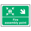 fire-assembly-down-right-arrow-safety-extinguisher-signage-evacuation-escape-hazard-identify-locate-instruct-alarm-prevention-regulations-compliance-gear-self-adhesive-rigid-PVC-foam-high-impact-polystyrene-photoluminescent-polycarbonate