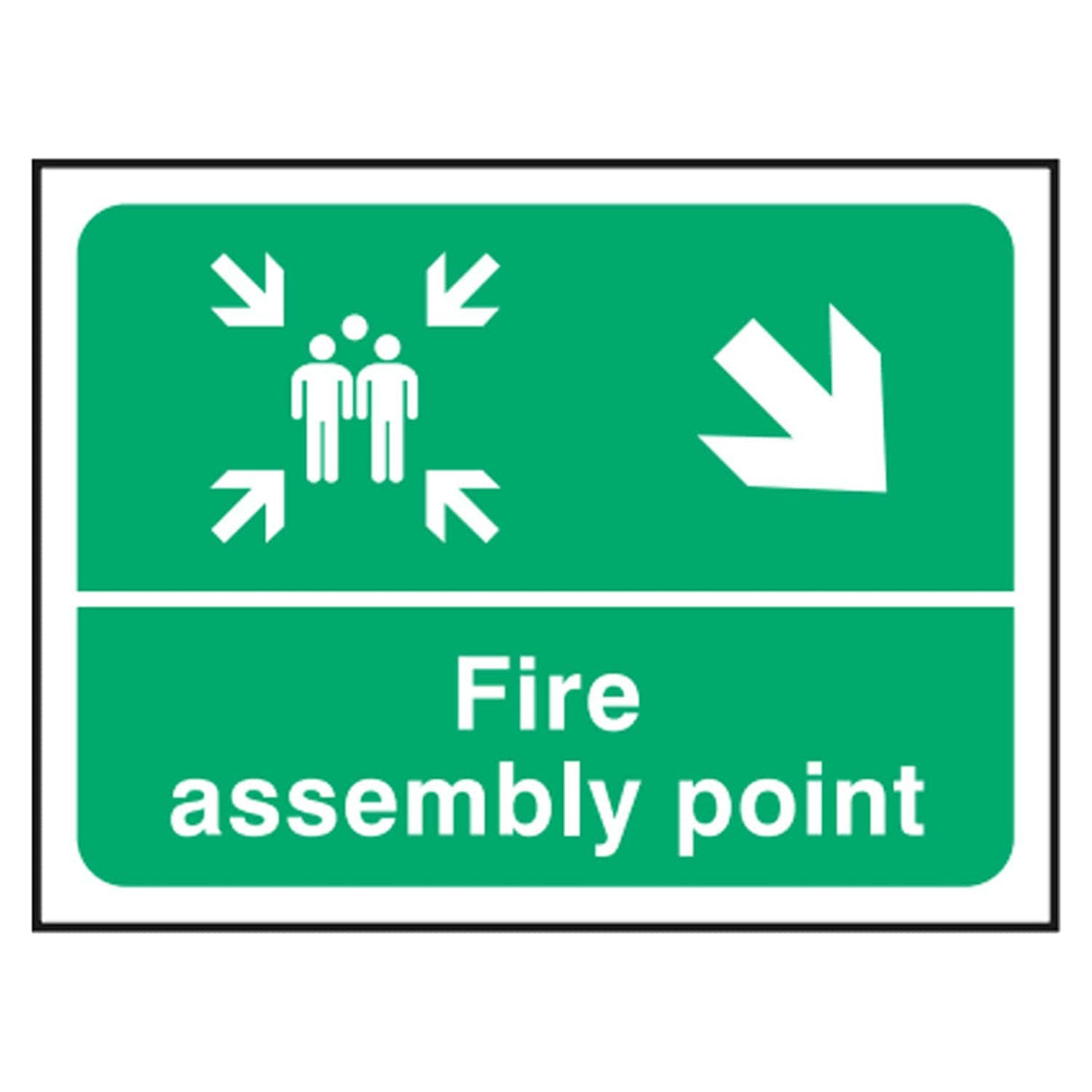 fire-assembly-down-right-arrow-safety-extinguisher-signage-evacuation-escape-hazard-identify-locate-instruct-alarm-prevention-regulations-compliance-gear-self-adhesive-rigid-PVC-foam-high-impact-polystyrene-photoluminescent-polycarbonate