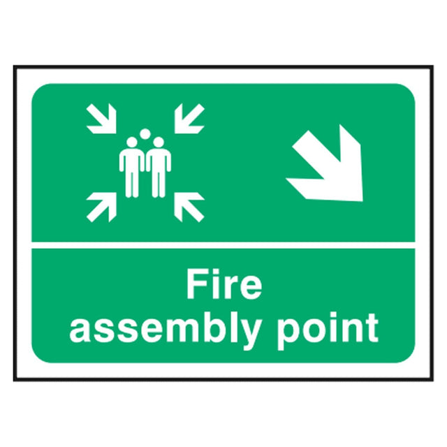 fire-assembly-down-right-arrow-safety-extinguisher-signage-evacuation-escape-hazard-identify-locate-instruct-alarm-prevention-regulations-compliance-gear-self-adhesive-rigid-PVC-foam-high-impact-polystyrene-photoluminescent-polycarbonate