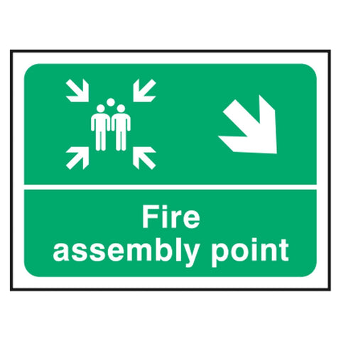 fire-assembly-down-right-arrow-safety-extinguisher-signage-evacuation-escape-hazard-identify-locate-instruct-alarm-prevention-regulations-compliance-gear-self-adhesive-rigid-PVC-foam-high-impact-polystyrene-photoluminescent-polycarbonate