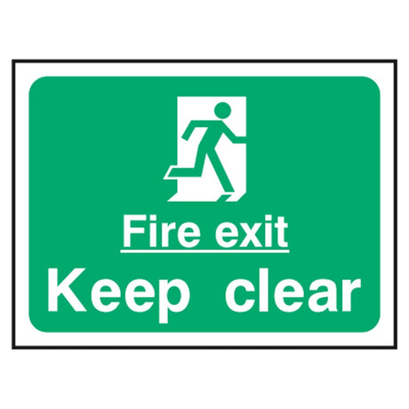 fire-exit-keep-clear-fire-safety-extinguisher-signage-evacuation-escape-hazard-identify-locate-instruct-alarm-prevention-assembly-regulations-compliance-gear-self-adhesive-rigid-PVC-foam-high-impact-polystyrene-photoluminescent-polycarbonate