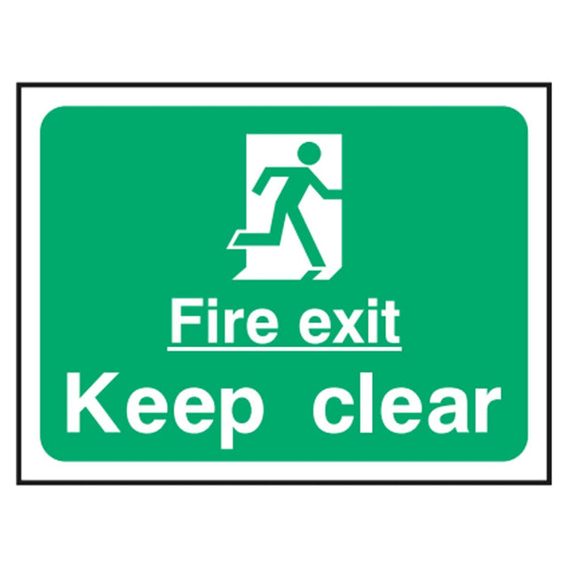 fire-exit-keep-clear-fire-safety-extinguisher-signage-evacuation-escape-hazard-identify-locate-instruct-alarm-prevention-assembly-regulations-compliance-gear-self-adhesive-rigid-PVC-foam-high-impact-polystyrene-photoluminescent-polycarbonate