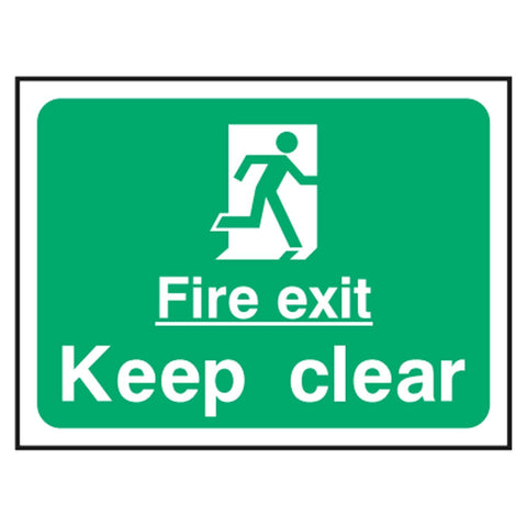 fire-exit-keep-clear-fire-safety-extinguisher-signage-evacuation-escape-hazard-identify-locate-instruct-alarm-prevention-assembly-regulations-compliance-gear-self-adhesive-rigid-PVC-foam-high-impact-polystyrene-photoluminescent-polycarbonate