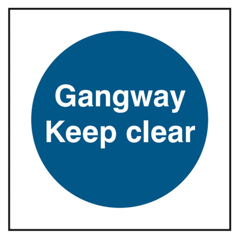 gangway-keep-clear-sign-safety-extinguisher-signage-fire-evacuation-escape-hazard-identify-locate-instruct-alarm-prevention-regulations-compliance-gear-self-adhesive-rigid-PVC-foam-high-impact-polystyrene-photoluminescent-polycarbonate