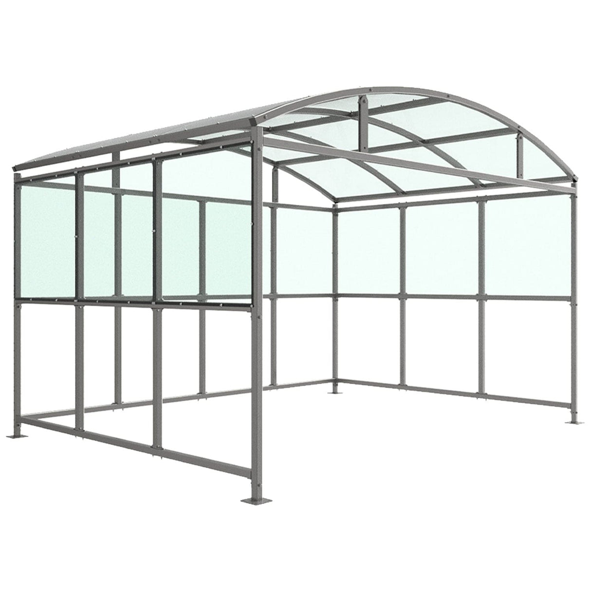 glendale-open-fronted-modular-smoking-shelter-outdoor-area-cigarette-smoke-waterproof-weather-resistant-public-spaces-university-bars-resteraunts-free-standing-galvanised-mild-steel-heavy-duty-durable-commercial-receational-PETG-curved-roof
