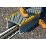 GRP-step-over-platform-glass-reinforced-plastic-walkway-access-industrial-site-safety-pipework-cables-high-visibility-free-standing-durable-lightweight-corrosion-resistant-fibreglass-warehouse-factory-flooring-construction-outdoor-indoor
