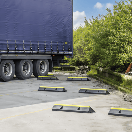 Black and yellow HGV truck parking stops placed on a logistics park lorry parking area