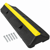 A black plastic HGV wheel stop with a bright yellow center stripe, shown on a white background with five silver mounting screws.